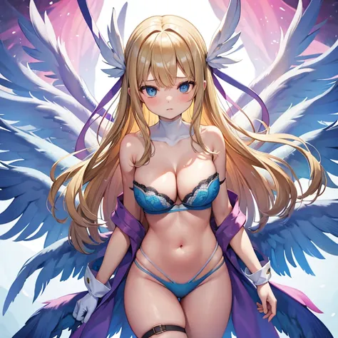 blonde hair, blue bra, blue lingerie, blue underwear, long hair, angel wings,large breasts, bare shoulders, elbow gloves, feathered wings, gloves, head wings, navel, pink ribbon, ribbon, single elbow glove, single glove, thigh strap, wings