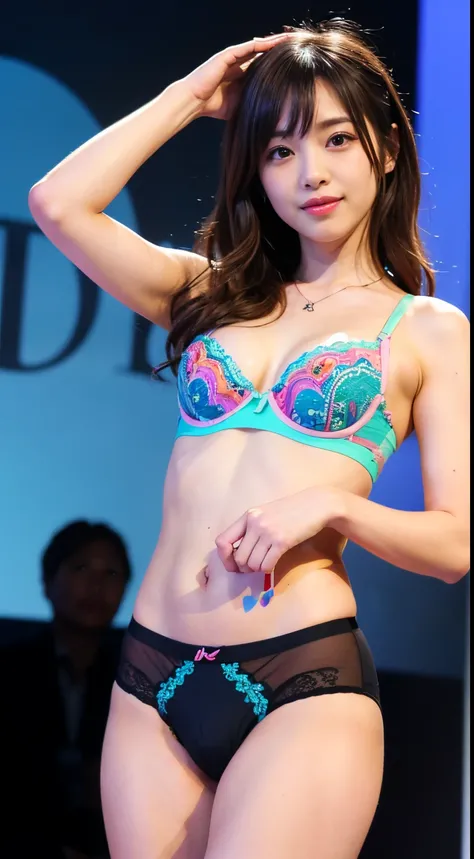 Best-quality, Masterpiece, Ultra-High-Resolution, (Photorealistic:1.4), Raw-Photo, Extremely-Detailed, Perfect-Anatomy, 1girl, the most famous Japanese idol, walking runway at the Most Influential Japanese Fashion Show, ((wearing only colorful underwear wi...