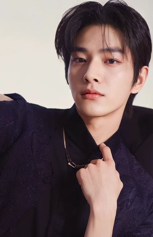 Araffated Asian man in black shirt and tie posing for a photo., inspirado por Zhang Han, Jung Jaehyun, Jinyoung Shin, Kim Doyoung, inspirado por Bian Shoumin, Cai Xukun, Yanjun Chengt, Hyung Tae, inspirado por Yanjun Cheng, young wan angel, Inspirado por J...