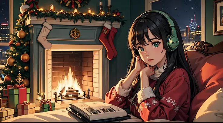 lofi brunette girl sitting on a couch with headphones on and a christmas tree in the background, trending on cgstation, cozy wallpaper, artwork in the style of guweiz, christmas night, [ 4 k digital art ]!!, lofi girl, extremely detailed artgerm, trending ...