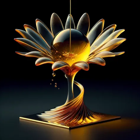 create the most breathtaking (32k masterpiece, best quality:1.2) photo-realistic image, a hollow glass sunflower being poured with liquid gold from the stem, gradient black background, reflected light scatter, organic, energy, alive, dramatic, ethereal, vo...