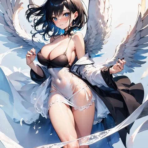 solo seraphim girl standing on peak of snowy mountain, strongly blowing frozen wind, BREAK, (she had black short hair.:1.3), (she is wearing only flapping black sheer short dress.:2.5), (her dress is plunging neckline:1.2), (her dress is black short one-pi...