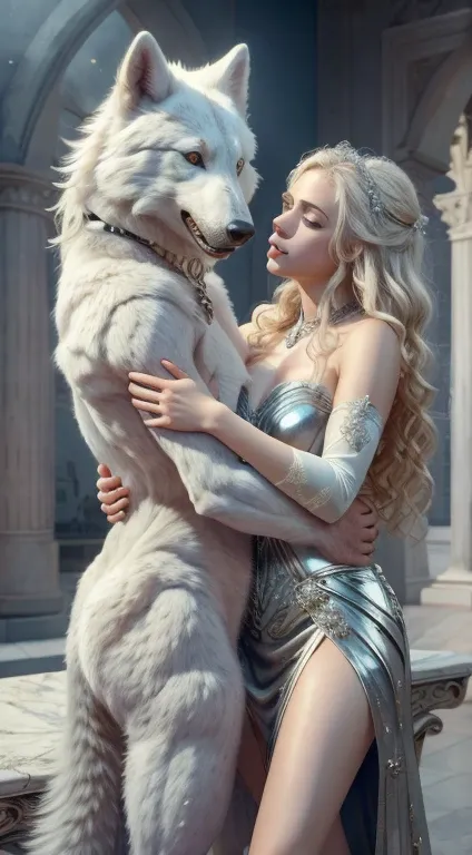 White wolf and girl, huge wolf, huge white wolf guarding a beautiful girl, blue eyes, white wolfs fur glows with silver sparks, NSFW girl, blonde girl, long curly hair, transparent Greek dress, silver trim, silver collar, silver belt, silver sandals, starr...