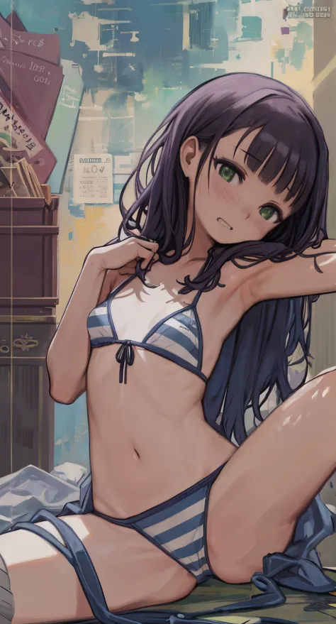 (Perfect body),Best Quality,(8K Portrait),(Official art)、((NSFW))、(((Lori)))、((Short stature))、glares、((Clenching teeth))、1girl in,(blush),(Sweat),(((flat chest)))、(thick thight)、((large protruding nipples)、(Long hair)、(((Blunt bangs)))、((green striped bik...