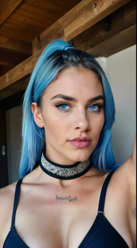 Photorealistic, Best Quality, hyper detailed ,better shadow, Photo of the whole body, Dressed in a viking warrior cosplay , medium-sized bust, beautiful sexy fitness girl, 21 old years, young girl, blue eyes, symmetrical beautiful face, Blue hair, Almond e...