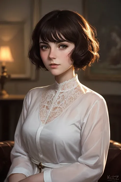 portrait of a welsh teenage girl with brown hair, glowing skin, delicate features, quiet beauty, amelie poulain, Audreybreaker, teenage Louise brealey, fantasy, intricate, elegant, dress shirt, highly detailed, digital painting, artstation, concept art, sm...