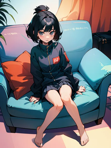 Woman with short black hair、baggy jacket and skirt、skinny thigh、I&#39;m sitting barefoot on the sofa in my room、Inner Stock、The soles of the feet are visible