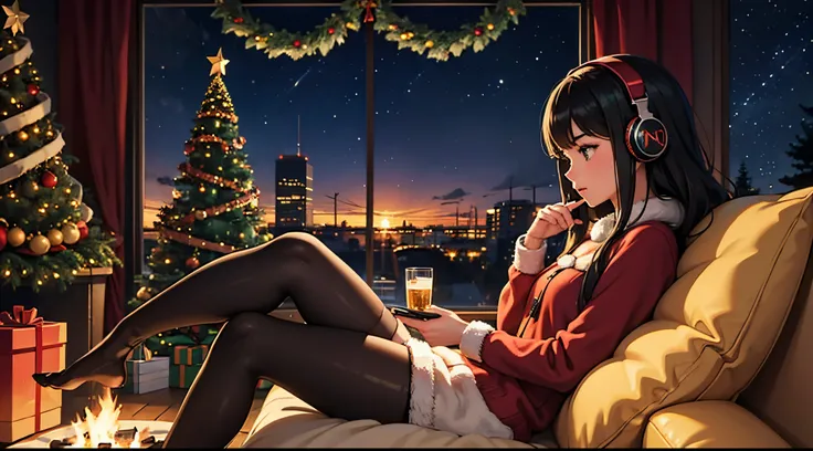 lofi brunette girl sitting on a couch with headphones on and a christmas tree in the background, trending on cgstation, cozy wallpaper, artwork in the style of guweiz, christmas night, [ 4 k digital art ]!!, lofi girl, extremely detailed artgerm, trending ...