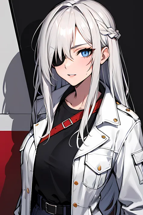 (absurdres, 8k, 4k, masterpiece, hyper extreme detailed:1.2), solo, 1girl, portrait, best quality, expressive eyes, perfect face, portrait, looking at viewer, solo, standing, casual wear, toned, white haired, eye patch, braided hair, long hair, medium brea...