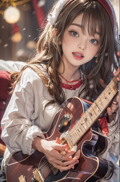 woman sitting and playing guitar、28 year old、brunette disheveled hair、precision 6 string acoustic guitar:1.2、Anatomically correct fingers、acoustic guitar、1 guitar only、Please look straight ahead and sing、(Turn your face forward:1.2)、Christmas、santa costume...