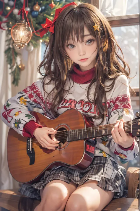 woman sitting and playing guitar、28 year old、brunette disheveled hair、precision 6 string acoustic guitar:1.2、Anatomically correct fingers、acoustic guitar、1 guitar only、Please look straight ahead and sing、(Turn your face forward:1.2)、Christmas、santa costume...