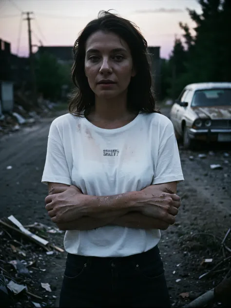 1girl, 80 years old, long curly brown hair, sweaty and dirty body, glamorous body, seductive and attractive, white shirts, deserted road, dirt road, abandoned cars, newspapers, abandoned objects, abandoned road, apocalyptic scenery, (film grain, chromatic ...