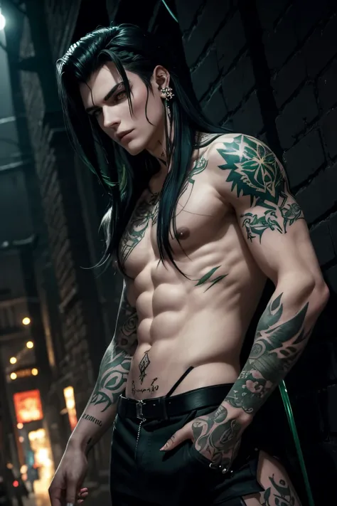 A flamboyent young demon hunter. With wild black hair. Strands of hair in the face. Green eyes. Very pale skin. Left arm tattooed. Piercings. In a dark ally at night.