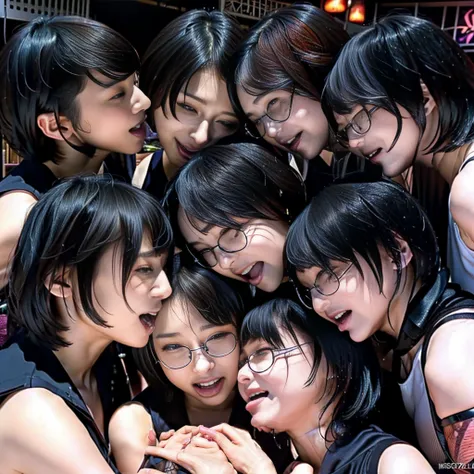 Raw photo、((5girls)),Open eyes、GothClub2K、nightclubs、Five women kissing and loving each other、The same face、A dark-haired、(orgasm face:1.4)、same person、(lesbian orgy)