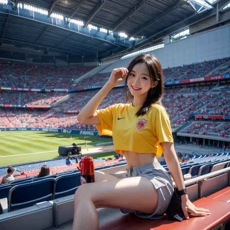 best qualityer，tmasterpiece，超高分辨率，（realisticlying：1.4），highly  detailed，Professional lighting smile，play soccer，In the stadium，Tight crop top and shorts。
信息