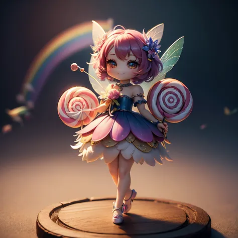 ​masterpiece、top-quality、ultra-detailliert、(chibi chara fairy:1.27),(rainbow gradient feathers:1.2),(holding a bouquet of lollip...