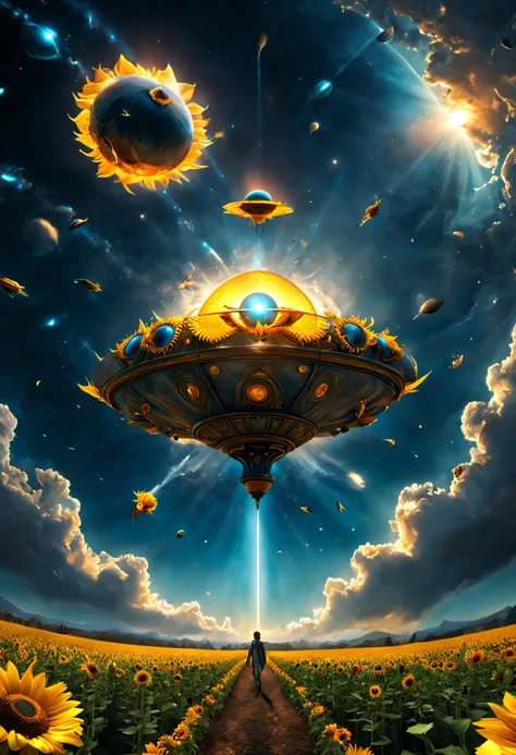 Sunflower shaped UFO, fly out of space, kosmos, Surreal, Whimsical, ultra-wide-angle, octaneratingrendering, enhancing, iintricate, (Best quality at best, tmasterpiece, Representative Works, offcial art, professional, Unity8k wallpapers:1.3)