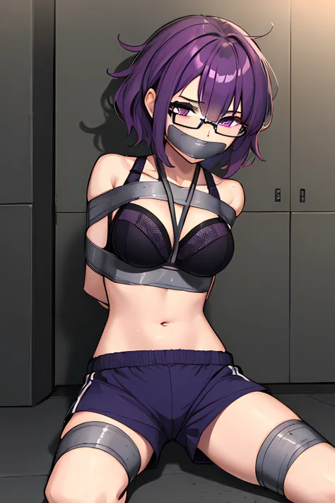 (masterpiece), best quality, expressive eyes, highres, anatomically correct, 1girl, perfect face, perfect hands, female, short hair, messy hair, wavy hair, purple hair, side bang, purple eyes, fair skin, medium chest, slight smirk, bondage, tied up, restra...