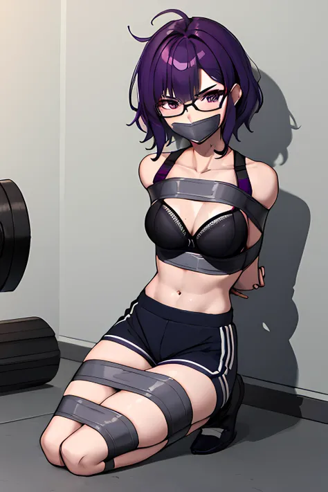 (masterpiece), best quality, expressive eyes, highres, anatomically correct, 1girl, perfect face, perfect hands, female, short hair, messy hair, wavy hair, purple hair, side bang, purple eyes, fair skin, medium chest, slight smirk, bondage, tied up, restra...