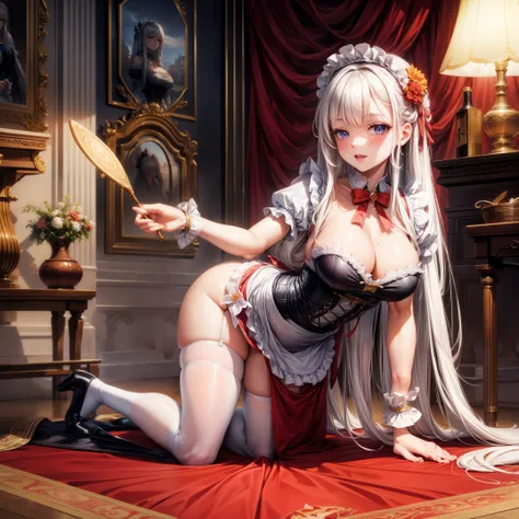 (Best quality at best,8K,ultra - detailed,realistically:1.2),Two cute curvy girls,Gorgeous and luxurious palace,virtual exhibition,long flowing white hair,Cute and beautiful girl,Loose corset maid outfit,loose apron,cute and sexy woman,Sexy maid,inlay,cute...