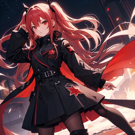 A high resolution,Infrared sleeve，There is a red star on the coat，cabelos preto e longos，Campus background，red eyes，Teenage girl，Two-dimensional style