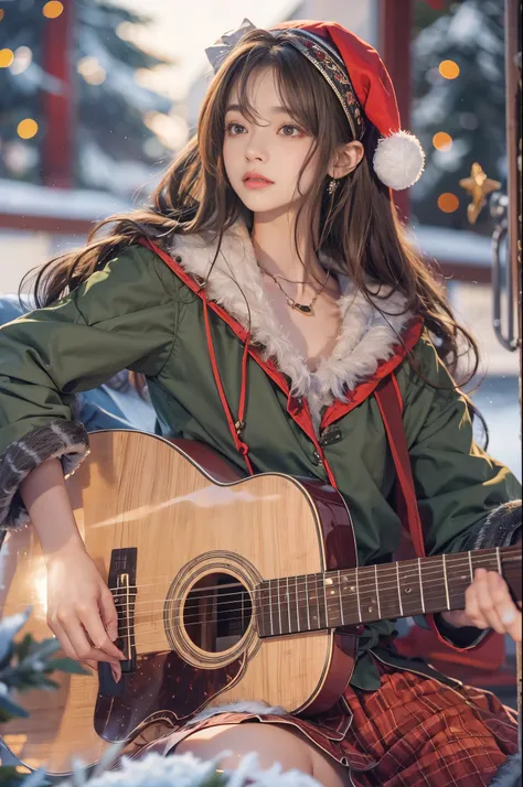 woman sitting and playing guitar、28 year old、brunette disheveled hair、precision 6 string acoustic guitar:1.2、Anatomically correct fingers、acoustic guitar、1 guitar only、Please look straight ahead and sing、(Turn your face forward:1.2)、Christmas、santa costume...