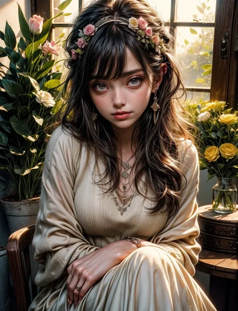 A beautiful female flower shop owner with kind eyes and a warm smile. She has long dark brown hair styled in a loose braid that falls gracefully over her shoulder. The sunlight streams through the window, casting a soft glow on her face. She is dressed in ...