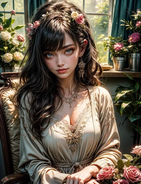 A beautiful female flower shop owner with kind eyes and a warm smile. She has long dark brown hair styled in a loose braid that falls gracefully over her shoulder. The sunlight streams through the window, casting a soft glow on her face. She is dressed in ...