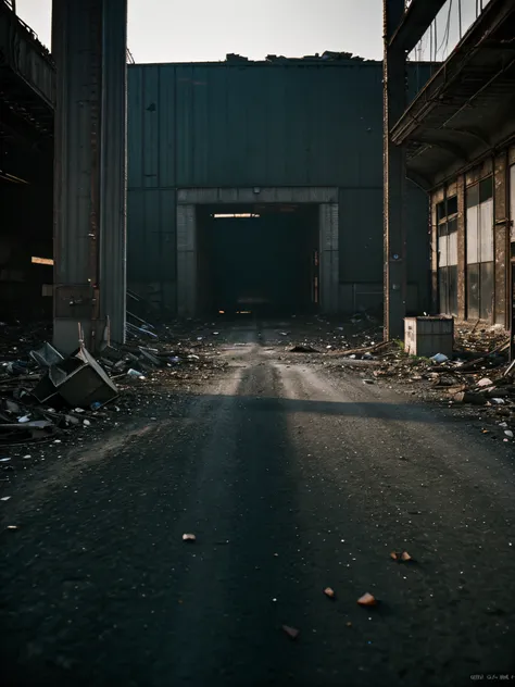 seductive and attractive, deserted road, dirt road, ((abandoned factory)), abandoned objects, abandoned road, apocalyptic scenery, (film grain, chromatic aberration, sharp focus, deep shadow, low key, cold light), luxury realistic photography