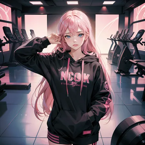 Masterpiece, high quality, best quality, HD, realistic, perfect lighting, detailed body, 1 woman, perfect eyes, long hair, pink Hair, black hoodie, in Gym background