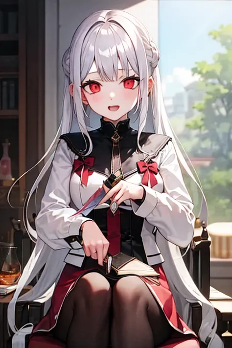 1girl, yandere, crazy red eyes, holding knife, white hair