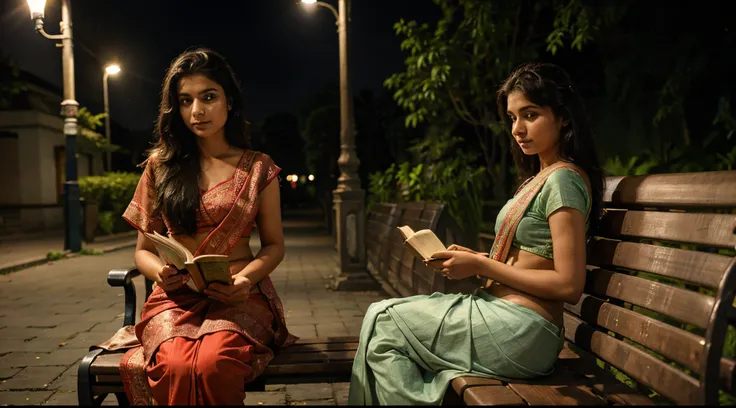 Austrian 18 years old youthful aunty in Indian style saree and reading book where sitting in the bench near the jogging path in the street lamps light at dark night