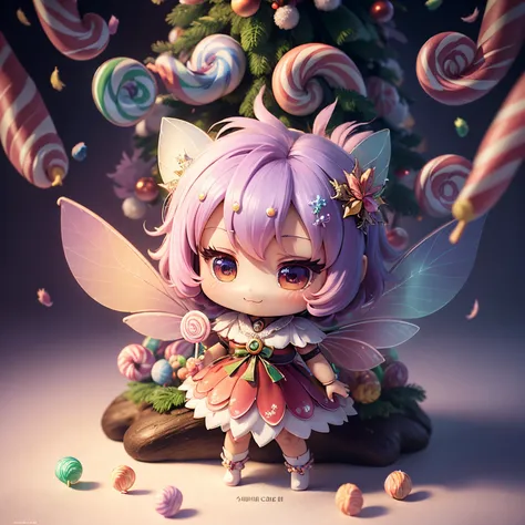 ​masterpiece、top-quality、ultra-detailliert、(Chibi Chara Fairy:1.27),(rainbow gradient feathers:1.2),(holding a bunch of lollipop candies:1.3),The background is a fairytale forest,A smile,Full-body standing figure,(Christmas tree:1.2)