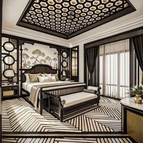 indochine_style(2), (white wall:1.3), fan ceiling, (white ceiling:1.3), ((headboard and cabinet in front of bed with hole patter...