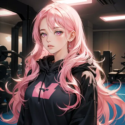 Masterpiece, high quality, best quality, HD, realistic, perfect lighting, detailed body, 1 woman, perfect pink eyes, long hair, pink Hair, black hoodie, in Gym background