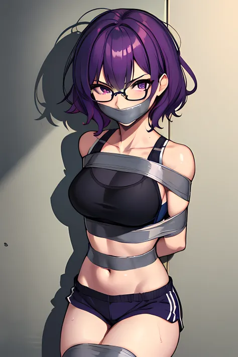 (masterpiece), best quality, expressive eyes, highres, anatomically correct, 1girl, perfect face, perfect hands, female, short hair, messy hair, wavy hair, purple hair, side bang, purple eyes, fair skin, medium chest, slight smirk, bondage, tied up, restra...