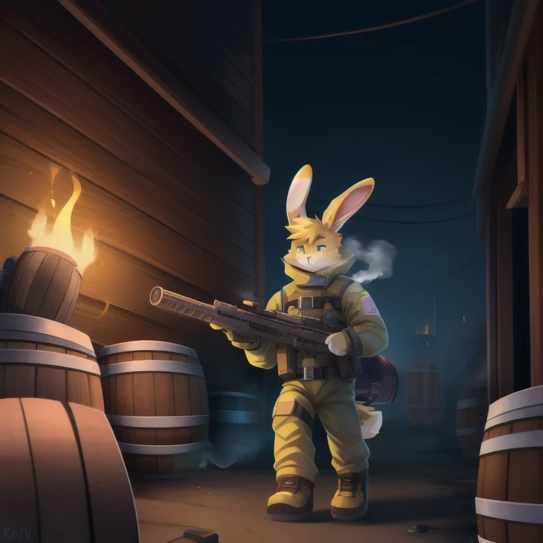 solo, male, rabbit, yellow colored fur, lean body, anthropomorphic rabbit, poisonous gas coming from barrel, wearing Hazmat, carrying gun that shoots orange gas,