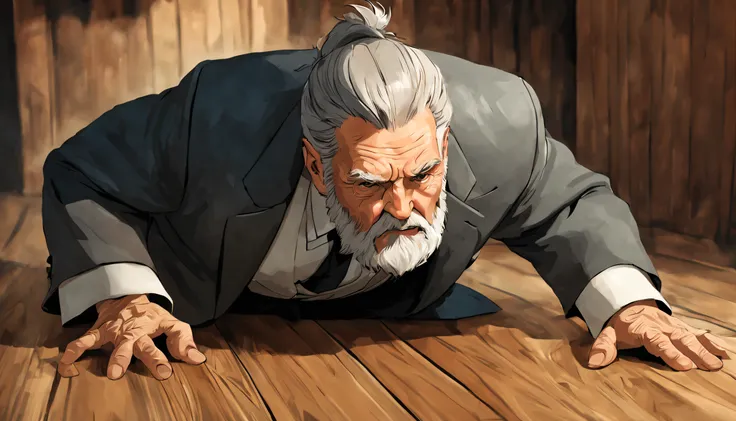 A master called (((Azok))) ,old, strong, bearded, grey suit, detailed face, gray hair and beard, intense gaze, commanding presence, wise expression, wrinkled skin, textured aging, posture, is crawling on a wooden floor in a offlice reaching for something