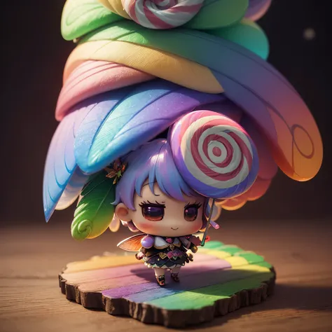 ​masterpiece、top-quality、ultra-detailliert、(Chibi Chara Fairy:1.27),(rainbow gradient feathers:1.2),(Possess a bunch of lollipop candy:1.3),The background is a fairytale forest,A smile,Full-body standing figure,(Christmas tree:1.2)