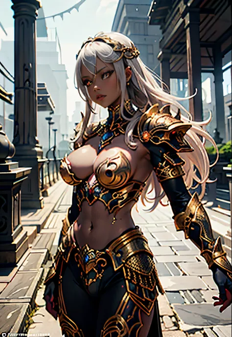 Beautiful Alluring fantasy african warrior, white curly hair, black skin, obsidian skin, Bare Skin, gold ornaments, armor bikini, chain bikini armor, Athletic Well Toned Body, Elegant Form, Bare Skin, at a volcanic ancient temple, Barely Clothed, cleavage,...