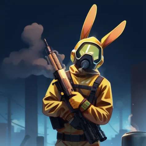 solo, male, rabbit, yellow colored fur, lean body, anthropomorphic rabbit, poisonous gas coming from canister, wearing Hazmat, carrying gun that shoots orange gas,