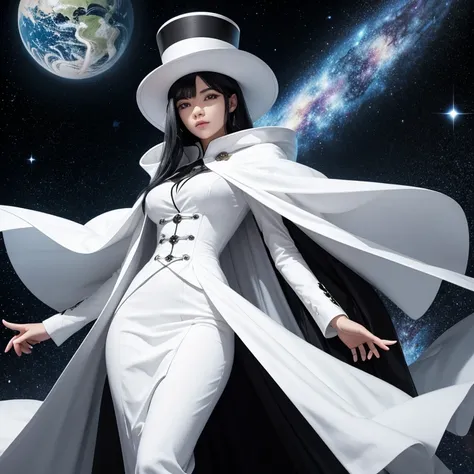 A short women with an all white suite, cloak with galaxy design, white global cane, white top hat, long black hair, with black and white eyes.