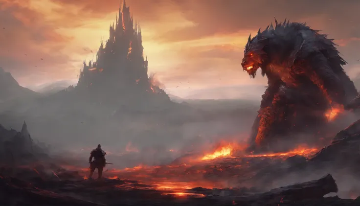 A knight on his knees, looking at a giant monster in the distance, fire and destruction everywhere, high quality, high detail, 8k