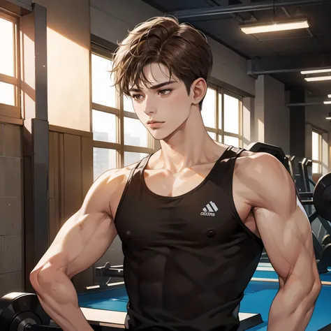 Masterpiece, high quality, best quality, HD, realistic, perfect lighting, detailed body, 1 man, brown eyes, short hair, brown Hair, black singlet shirt, face expression, Gym background.