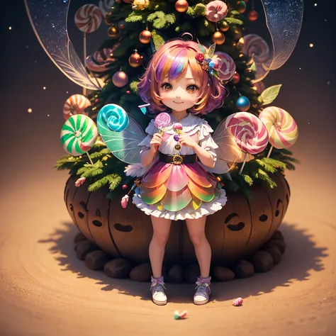 ​masterpiece、top-quality、ultra-detailliert、(Chibi Chara Fairy:1.27),(rainbow gradient feathers:1.2),(Bunch of multiple lollipop candies in hand:1.3),The background is a fairytale forest,A smile,Full-body standing figure,(Christmas tree:1.2)