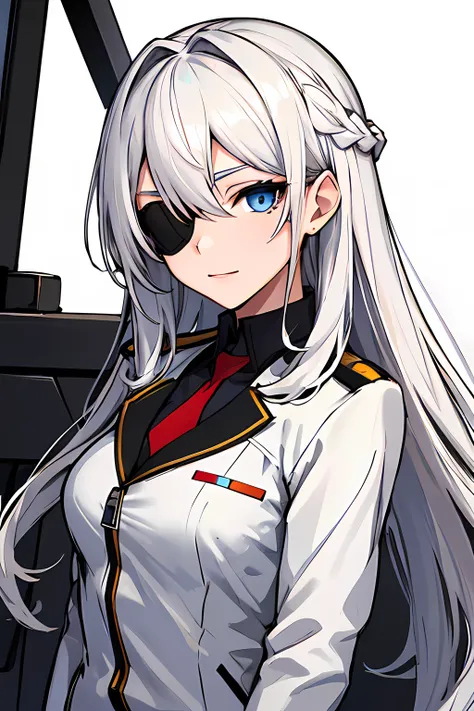 (absurdres, 8k, 4k, masterpiece, hyper extreme detailed:1.2), solo, 1girl, portrait, best quality, expressive eyes, perfect face, portrait, looking at viewer, solo, standing, casual wear, toned, white haired, eye patch, braided hair, long hair, medium brea...