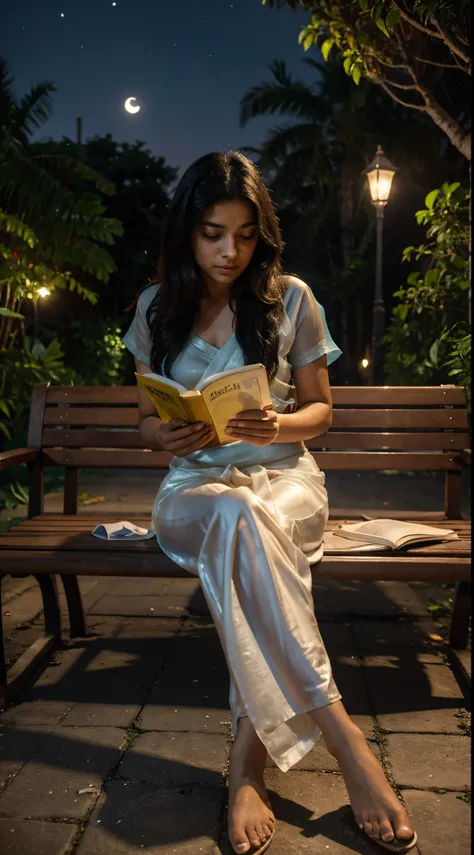 Cuban 18 years old youthful aunty in indian traditional transparent silk saree and reading book where sitting in the bench near the jogging path in the street lamps light at dark night with beautiful moon.