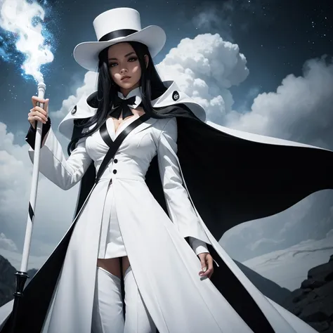 A short women with an all white suite, villain, black smoke surrounding her, white cloak with a galaxy deisign, white cane, white top hat, long black hair, with black and white glowimg eyes.