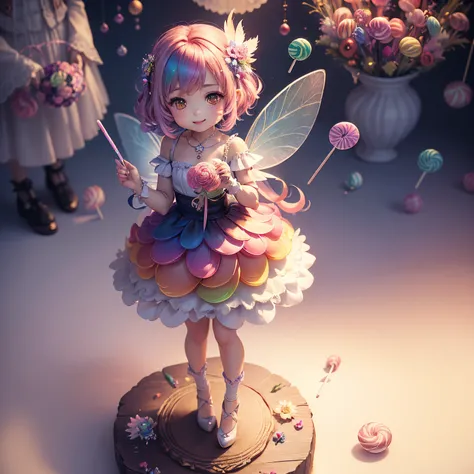 ​masterpiece、top-quality、ultra-detailliert、(Chibi Chara Fairy:1.27),(rainbow gradient feathers:1.2),(In her hand is a bouquet of lollipop candies:1.3),The background is a fairytale forest,A smile,Full-body standing figure,(Christmas tree:1.2)