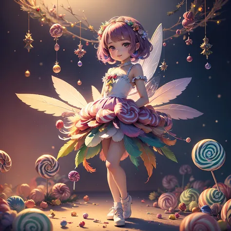 ​masterpiece、top-quality、ultra-detailliert、(Chibi Chara Fairy:1.27),(rainbow gradient feathers:1.2),(A bouquet of lollipop candies in her hands:1.32),The background is a fairytale forest,A smile,Full-body standing figure,(Christmas tree:1.2)